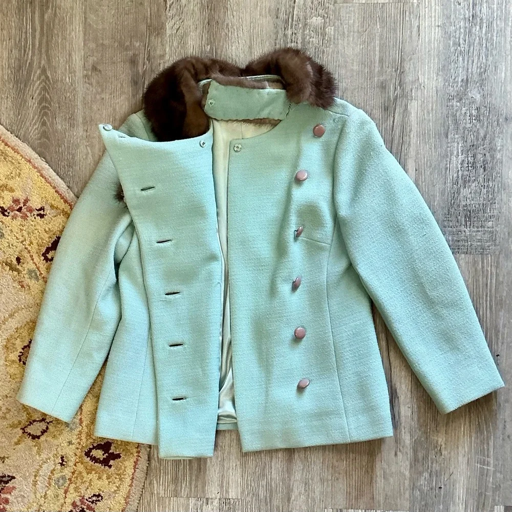 Vintage 1960 Blue Fur Collar Mod Side Button Jacket - Picture 11 of 13